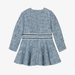 Miranda-Girls Blue & Glittery Silver Tweed Dress with Velvet Bow | Childrensalon