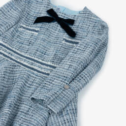 Miranda-Girls Blue & Glittery Silver Tweed Dress with Velvet Bow | Childrensalon