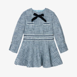 Miranda-Girls Blue & Glittery Silver Tweed Dress with Velvet Bow  | Childrensalon