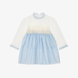 Girls Blue & Ivory Dress with Lace Detail