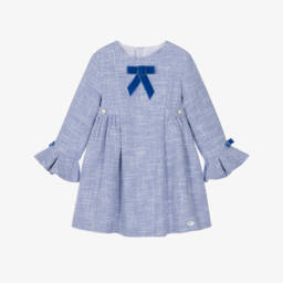 Girls Blue Tweed Dress with Velvet Bows