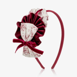 Girls Burgundy Floral Hairband with Velvet Bow