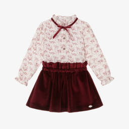 Girls Burgundy Red Floral Blouse & Velour Skirt Set