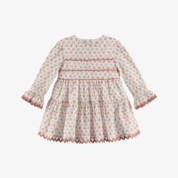 Girls Ivory Floral Cotton Long-Sleeved Dress