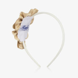 Miranda-Girls Ivory & Gold Grosgrain Bow Hairband | Childrensalon