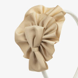 Miranda-Girls Ivory & Gold Grosgrain Bow Hairband | Childrensalon