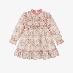 Girls Pink Floral Cotton Dress with Ruffles