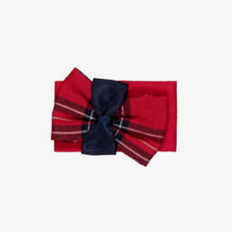 Foque-Girls Navy Blue Dress with Red Tartan Bow | Childrensalon