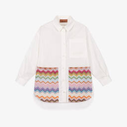 Girls Ivory Cotton Poplin Shirt with Zigzag Pockets