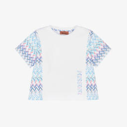 Girls White Cotton Jersey T-Shirt with Blue Zigzag Pattern