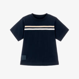 Boys Navy Blue T-Shirt with White & Beige Stripes 