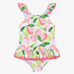 Girls Green & Pink Guava Print Ruffle Swimsuit (UPF50+)
