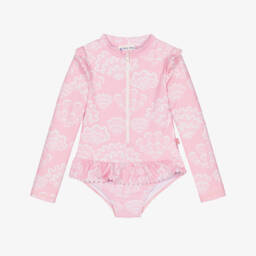 Girls Pink Seashell Print Long Sleeve Swimsuit (UPF50+)