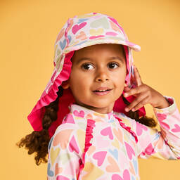 Mitty James-قبعة ليجونير بطبعة قلوب لون أبيض مزينة بكشكش (UPF 50+) | Childrensalon