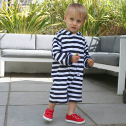 Mitty James-Navy Blue Stripe Towelling Baby Beach Romper | Childrensalon
