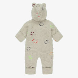 Molo-Beige Sherpa Fleece Pramsuit with Smiling Faces | Childrensalon