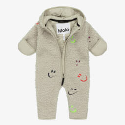 Molo-Beige Sherpa Fleece Pramsuit with Smiling Faces | Childrensalon