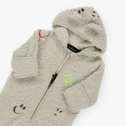 Molo-Beige Sherpa Fleece Pramsuit with Smiling Faces | Childrensalon