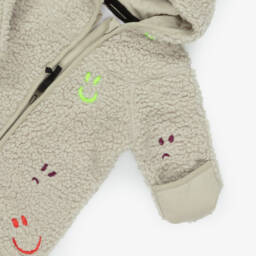 Molo-Beige Sherpa Fleece Pramsuit with Smiling Faces | Childrensalon