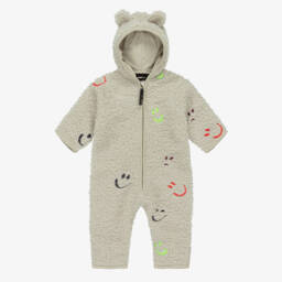 Molo-Beige Sherpa Fleece Pramsuit with Smiling Faces | Childrensalon