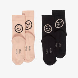 Molo-Black & Pink Ribbed Cotton Feelings Socks (2 Pack) | Childrensalon