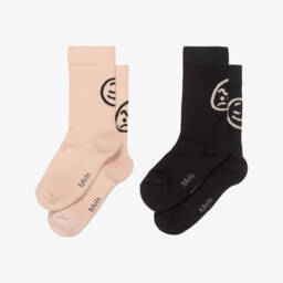 Molo-Black & Pink Ribbed Cotton Feelings Socks (2 Pack) | Childrensalon