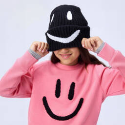 Molo-Black Smiling Face Ribbed Knit Beanie Hat | Childrensalon