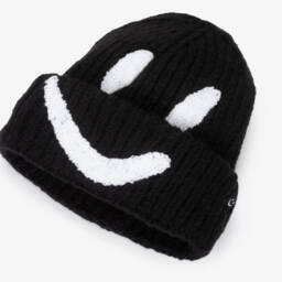 Molo-Black Smiling Face Ribbed Knit Beanie Hat | Childrensalon