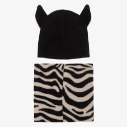 Molo-Black Wool Knit Zebra Hat & Snood Set | Childrensalon