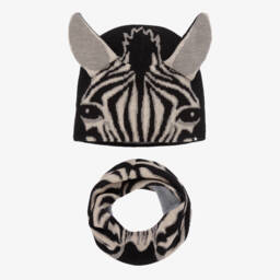Molo-Black Wool Knit Zebra Hat & Snood Set | Childrensalon