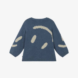 Molo-Blue Cotton & Wool Knit Smiling Face Sweater | Childrensalon