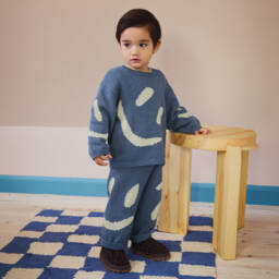 Molo-Blue Cotton & Wool Knit Smiling Face Sweater | Childrensalon