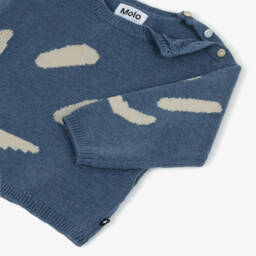 Molo-Blue Cotton & Wool Knit Smiling Face Sweater | Childrensalon