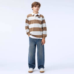 Molo-Boys Beige & Grey Stripe Rugby Shirt | Childrensalon