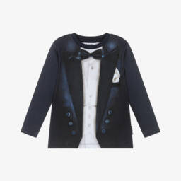 Molo-Boys Navy Blue Cotton Tuxedo Print Top | Childrensalon