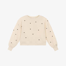 Girls Beige Cotton Sweatshirt with Black Heart Embroidery