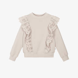 سويتشيرت قطن عضوي مزين بكشكش لون بيج للبنات