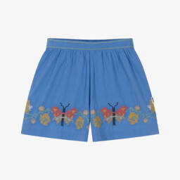 Girls Blue Cotton Shorts with Cross Stitch Butterflies & Flowers