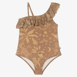 Molo-Girls Glittery Gold Tropical Swimsuit (UPF50+) | Childrensalon