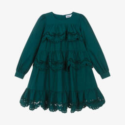 Molo-Girls Green Broderie Trim Cotton Poplin Dress | Childrensalon