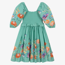 Molo-Girls Green Floral Print Shirred Organic Cotton Dress | Childrensalon