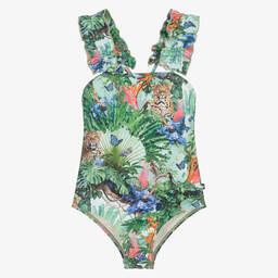 Molo-Girls Green Tropical Print Swimsuit | Childrensalon