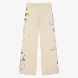 Girls Ivory Floral Print Wide-Leg Organic Cotton Joggers
