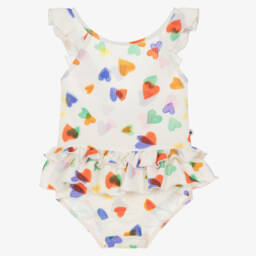 Molo-Girls Ivory Heart Print Ruffle Swimsuit (UPF50+) | Childrensalon