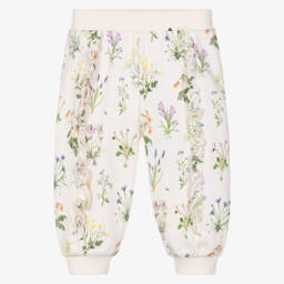 Girls Ivory Organic Cotton Floral Joggers with Ruffles