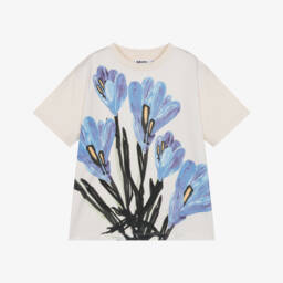 Girls Ivory Organic Cotton T-Shirt with Blue Flower Print