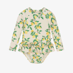 Girls Ivory & Yellow Lemon Long Sleeve Swimsuit (UPF50+)