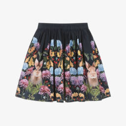 Molo-Girls Navy Blue Cotton Poplin Floral Print Skirt | Childrensalon