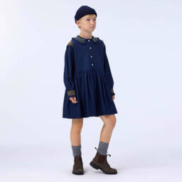 Molo-Girls Navy Blue Embroidered Twill Dress | Childrensalon