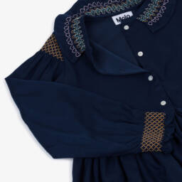 Molo-Girls Navy Blue Embroidered Twill Dress | Childrensalon
